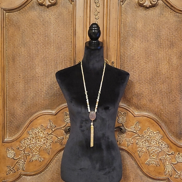 Smoked Topaz Stone and Gold Tone Tassel Necklace - Picture 2 of 5